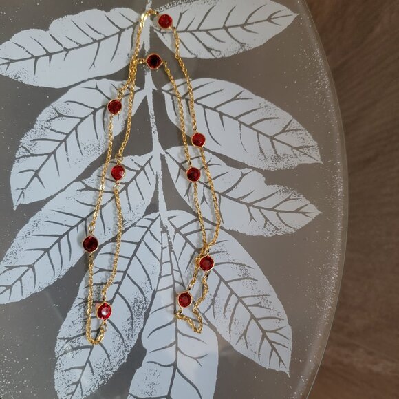 Gold Red Necklace, Ladybug Like Ruby Red Crystals, Lightweight Gold Tone - Picture 7 of 7